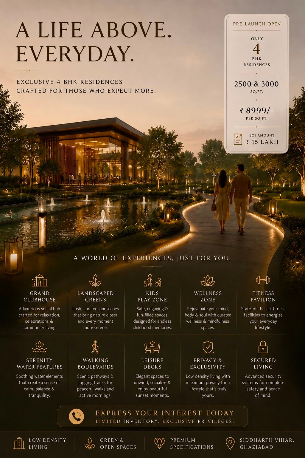 Mahagun Luxury Residences clubhouse and landscaped walkway at dusk